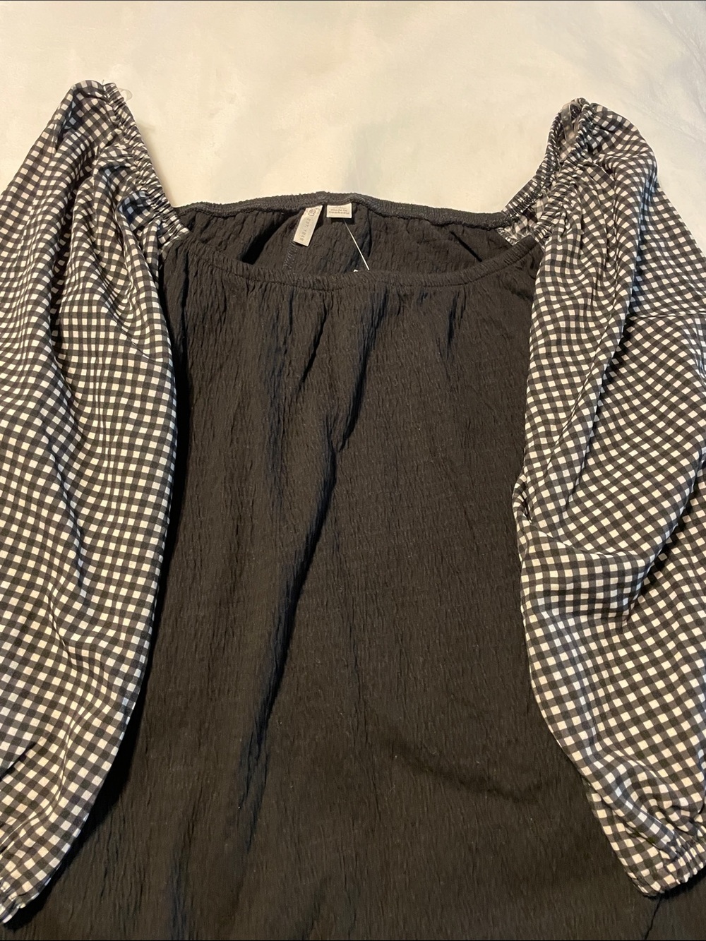 Cato Women’s Black Top with Black-and-White Gingham Sleeves